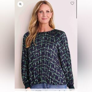 Avara Pleated Kathryn Top Navy Green Horsebit Print Size Medium